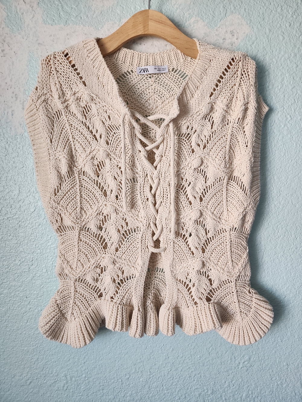 Zara Cream Lace-Up Knit Women’s Sweater Oversized Vest